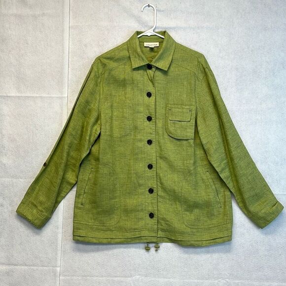 COLDWATER CREEK 100% Linen Utility Button Jacket Drawstring Hem Green Large EUC - Picture 2 of 12